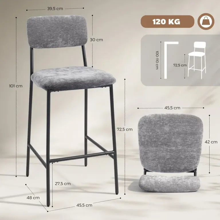 Barstolar 2-Pack Grå Tyg och Stål för Köksö och Bar Ryggstöd Fotstöd