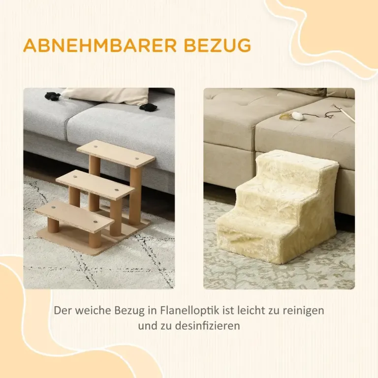 Hopfällbar Djurtrappa 3 Steg, Beige Mysig Husdjurstrappa