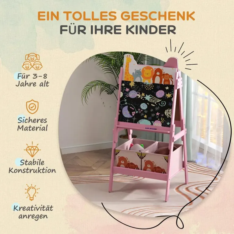 Målarstaffli 2-i-1 med Whiteboard och Tavla, Rosa Dubbelsidig Stativ