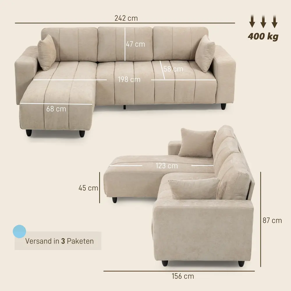 Hörnsoffa med Divan 3 Sits Beige Tyg och Metall Flexibel