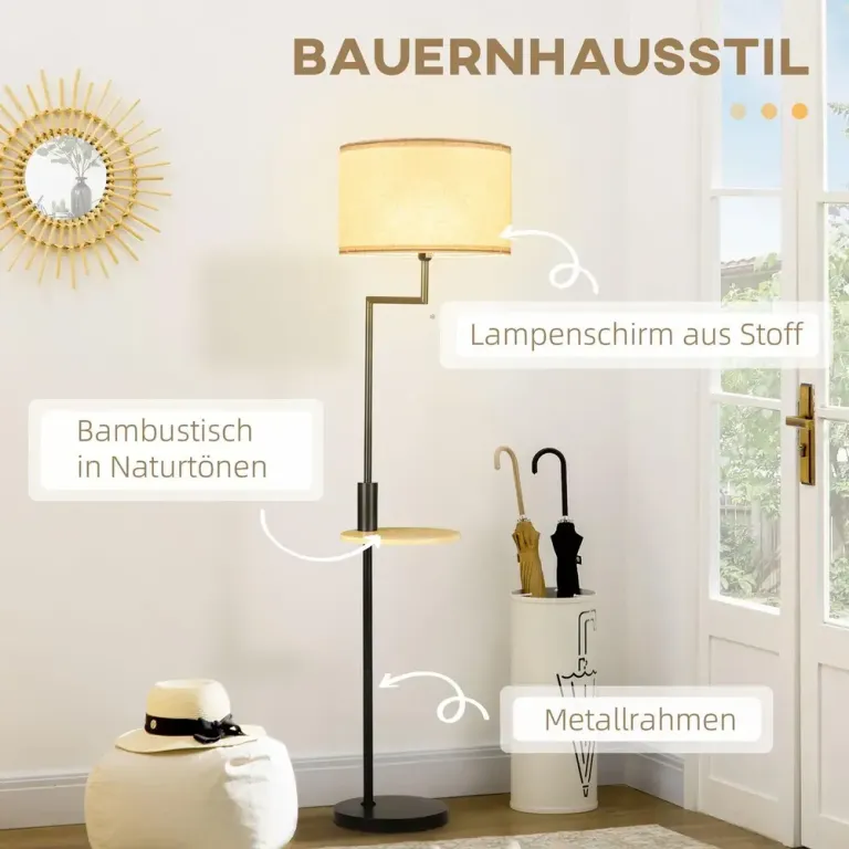 Golvlampa i Bambu med Hylla Natur/Svart 40 x 40 x 170 cm