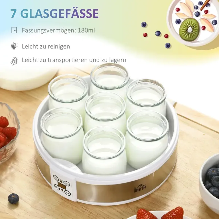 Yoghurtmaskin 7 Glas Rostfritt Stål, Vit Temperatur Tidskontroll