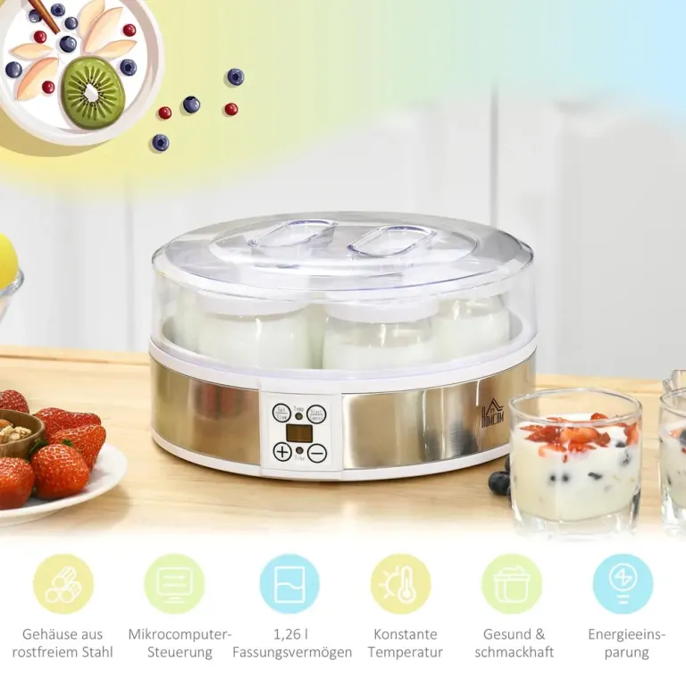 Yoghurtmaskin 7 Glas Rostfritt Stål, Vit Temperatur Tidskontroll