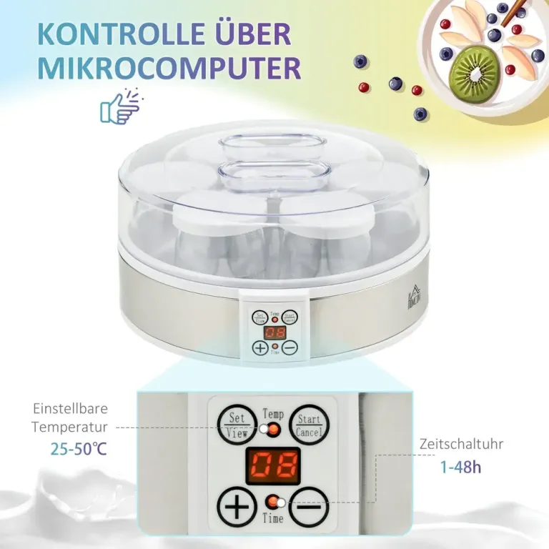 Yoghurtmaskin 7 Glas Rostfritt Stål, Vit Temperatur Tidskontroll