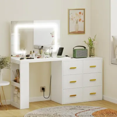 Sminkbord med Justerbar LED-Spegel och 6 Lådor, Vit