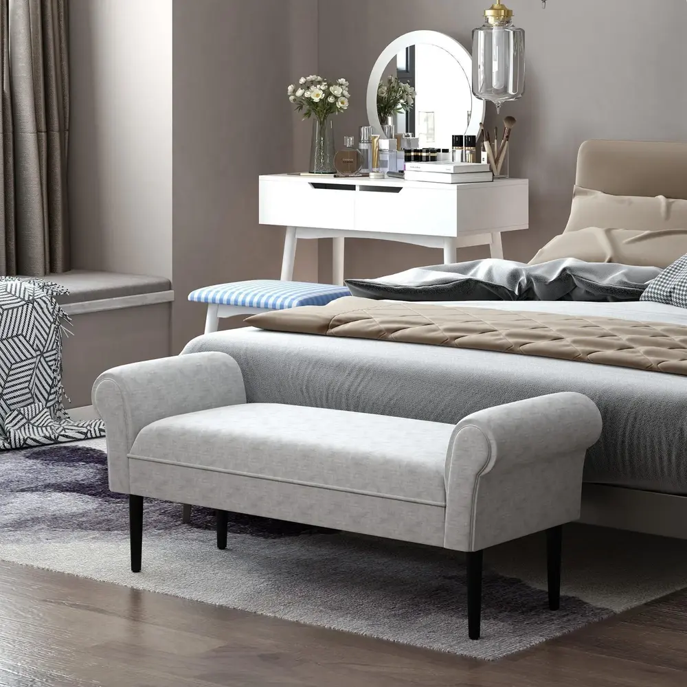 Elegant Sittbänk med Rullade Armstöd Klädd Bänk i Linnetyg