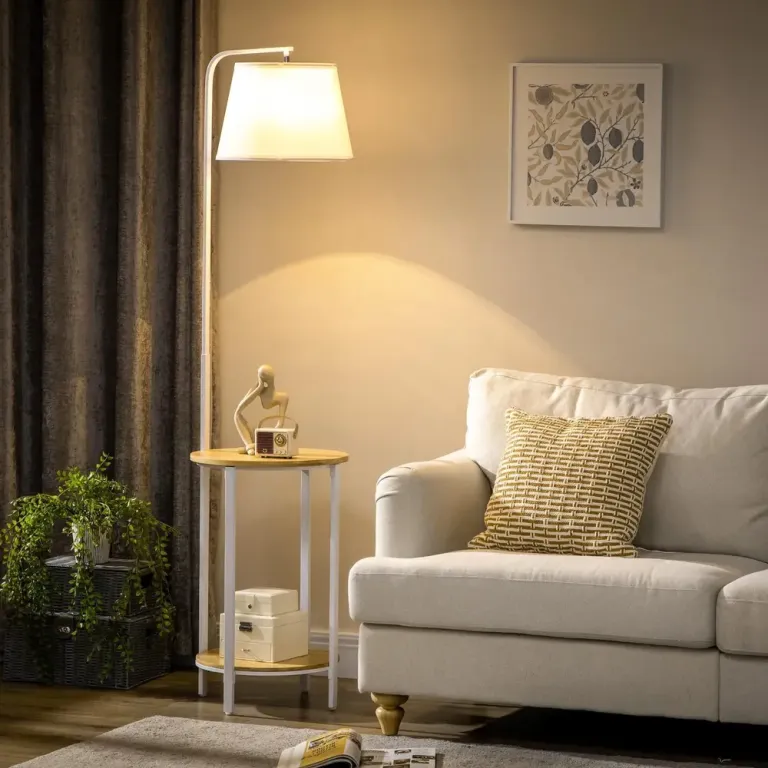 Golvlampa med 2 Hyllor i Bambu och Tygskärm E27, Vit
