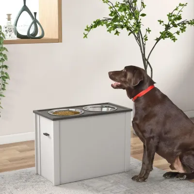 Hundskål Foderstation Vit av Trä och Rostfritt Stål