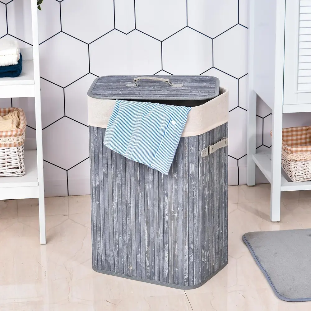 Tvättkorg med Lock 72 L Vikbar Bambu 40 x 30 x 60 Cm